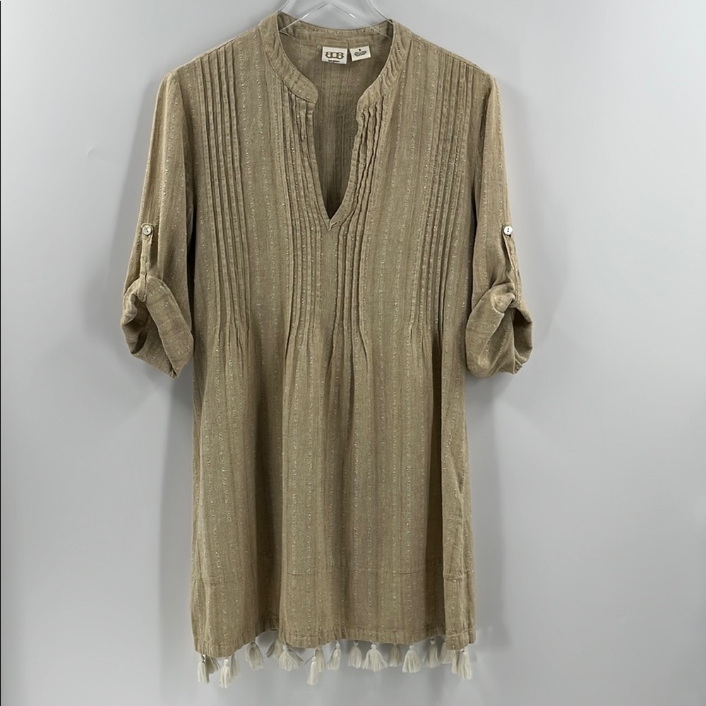Boo Gemes Reggie Dress Linen Pleated V-Neck Tassel Boho Coastal Tan Tunic Small